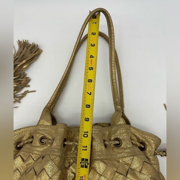 Gold Metallic Genuine Suede Boho Hobo Shoulder Bag w/ Tassels and Woven Leather - Picture 6 of 11